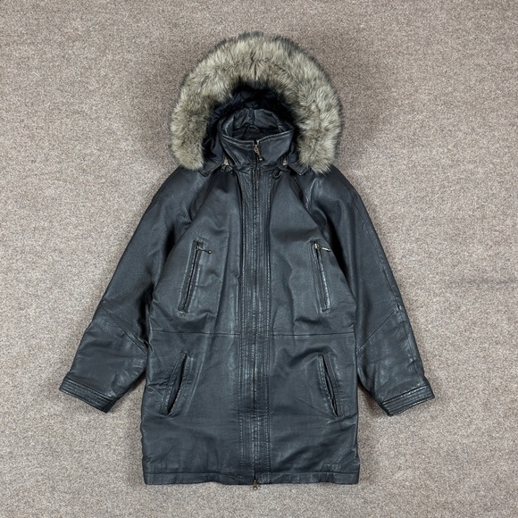 Wilsons Black Leather Parka Jacket Womens Small Full Zip Removable Hood Fur Trim
